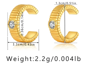 Detailed view of 18K gold plated brass ear cuffs with zircon inlay and dimensions