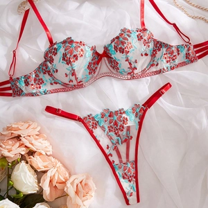 Flat lay of red and blue floral embroidery on white sheer lace lingerie set