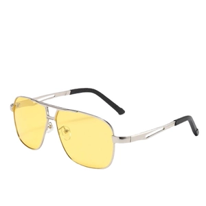 Classic aviator sunglasses with silver metal frame and yellow polarized night vision lenses