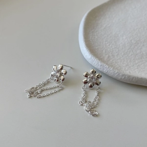 Elegant 925 sterling silver flower drop earrings with tassels and zircon accents