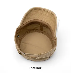 Detail view of khaki cotton military cap featuring sweatband and adjustable metal buckle