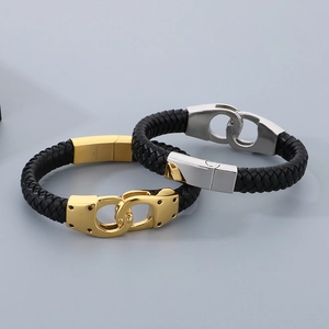 Men's braided black leather bracelet with vacuum-plated stainless steel handcuffs clasp