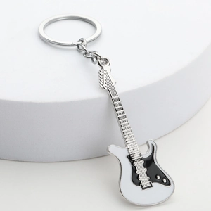 Creative black and white enamel guitar keychain with silver metal ring and chain