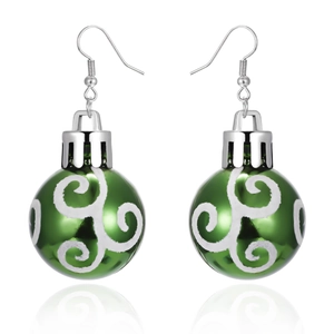 Detailed view of green Christmas bulb earrings with white spiral pattern and silver hooks