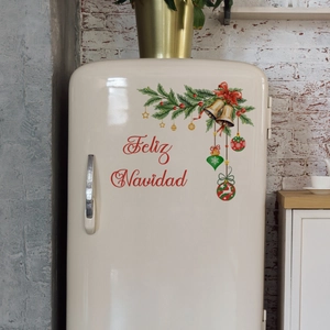 Feliz Navidad Christmas wall sticker featuring festive bells and green pine decorations