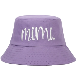 Purple cotton bucket hat featuring white mimi letter embroidery and small heart details