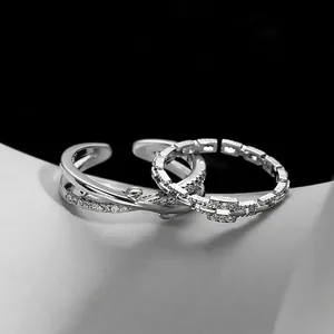 Minimalist Crossover Branch Open Ring Copper Cubic Zirconia Geometric Chain Adjustable Finger Jewelry For Women