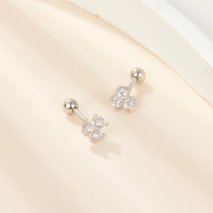 S925 silver flower stud earrings with three zircons and comfortable screw back design