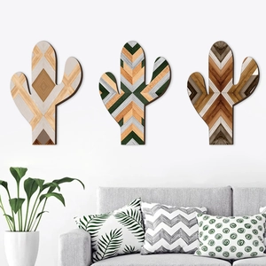 Set di 3 decorazioni murali in legno a forma di cactus boho con motivi geometrici