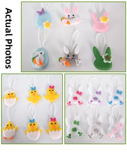 Gros plan d'ornements en feutre de Pâques avec lapins, poussins et œufs avec cordons