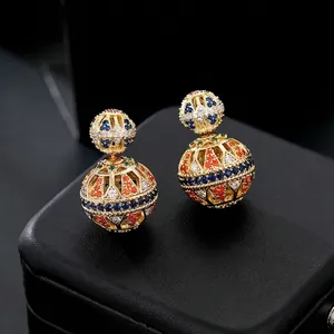 Vintage Luxury Gold Plated Copper Hollow Out Ball Stud Earrings Colorful Zirconia Inlaid With 925 Sterling Silver Earring Post