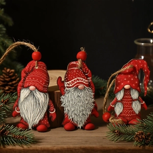 Three Christmas gnome ornaments with red hats and pine cones on a wooden base
