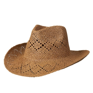 Classic tan woven straw cowboy hat with a wide brim and breathable hollow crown design