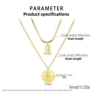 Detailed specs of double-layer stainless steel necklace with honeycomb and square charms