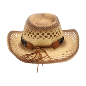 Breathable khaki straw cowboy hat with hollow weaving and ethnic style decorative band