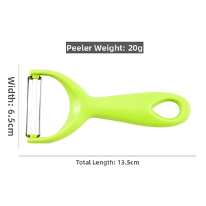 Y-shaped green silicone vegetable peeler with dimensions shown on white background