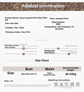 Detailed size chart and washing guide for the leopard print lingerie mini skirt set