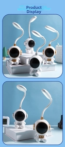 Detail showing the white astronaut LED lamp base with physical control button and flexible hose