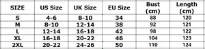 Detailed size chart for off-shoulder jumpsuit showing US, UK, and EU measurements from S to 2XL
