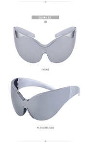 Front and 45 degree side views of silver mirrored sports sunglasses with oversized frame