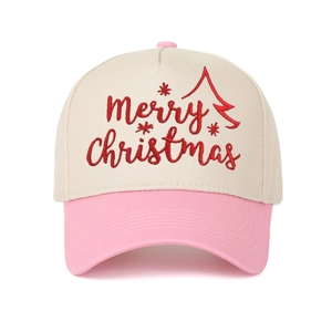 Detail of red Merry Christmas embroidery on beige and pink cotton five-panel cap