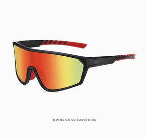 Detail of sports sunglasses with large red-orange mirrored lenses and non-slip temples