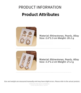 Detailed view of six pairs of gold earrings with rhinestones, pearls, and bows on card