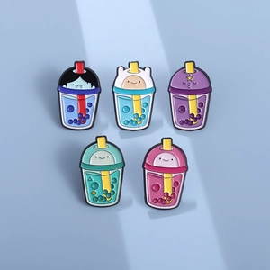 Cartoon bubble tea enamel pin set featuring cute animated adventure characters