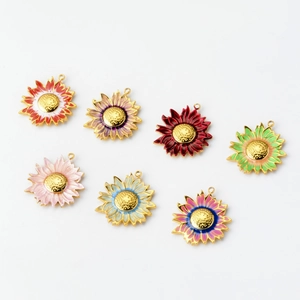 Set of seven colorful enamel sunflower pendants in gold stainless steel for jewelry making