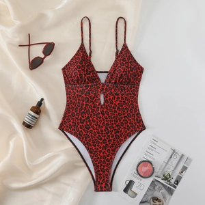 Sexy red leopard print one-piece swimsuit with V-neck and thin straps on silk fabric