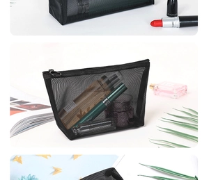 Detail of black semi-transparent mesh makeup bag showing interior storage and zipper