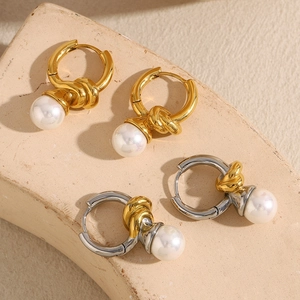 Knot Hoop Earrings 18K Gold Plated Stainless Steel With Artificial Pearl Pendant French Vintage Style For Women