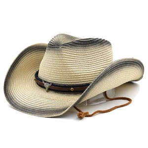 Handwoven beige cowboy straw hat with gradient brim and silver bull head metal emblem