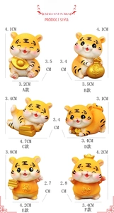 Detailed dimension guide for 6 cute resin tiger figurines with auspicious symbols