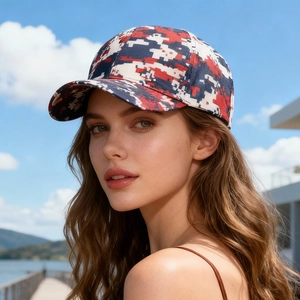 Detail of red and blue digital pixel camouflage baseball cap with a curved brim for sun protection