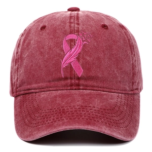 Vintage burgundy washed cotton baseball cap featuring pink ribbon breast cancer embroidery