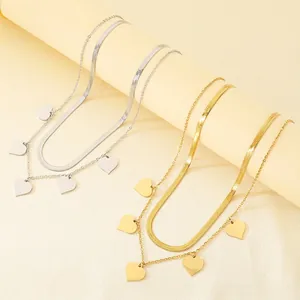 Collier Double Couche Acier Inoxydable Pendentifs Cœur Chaîne Serpent Bijoux Chic Doux Pour Femmes
