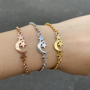 Stainless Steel Moon And Stars Pendant Bracelet Adjustable Minimalist Celestial Jewelry For Women Dainty Trend