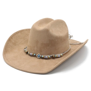 Vintage khaki faux suede Western cowboy hat with ethnic beaded band for men and women
