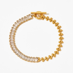 Gold stainless steel Cuban bracelet with square zircon stones and toggle clasp design