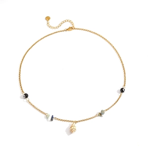 18K gold plated necklace with black beads, natural stones and central shell pendant