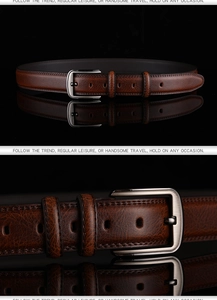 Detail of dark brown leather belt with polished alloy pin buckle and fine stitching