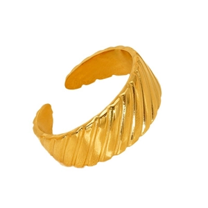 Minimalist golden titanium steel open ring with a ribbed texture design on white background