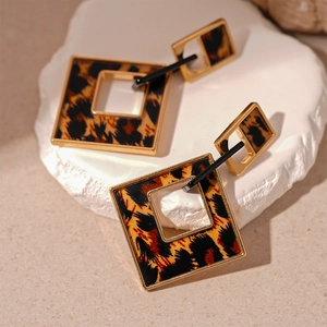 Vintage leopard print acrylic square drop earrings with gold geometric metal frame