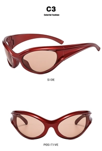 Detailed view of wine red Y2K sports sunglasses with brown lenses and sleek metallic frame