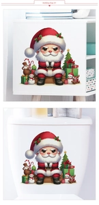 Christmas window decals showing Santa and snowman applied on home furniture and toilet tank