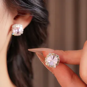 Elegant square sparkling diamond necklace and earrings jewelry set for women with pink gems