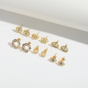 Elegant gold-plated Evil Eye stud earring set with colorful enamel and zircon accents