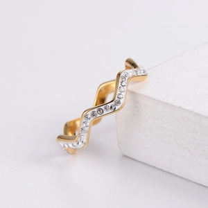 Minimalist wavy gold plated stainless steel ring with micro-pave crystals for women