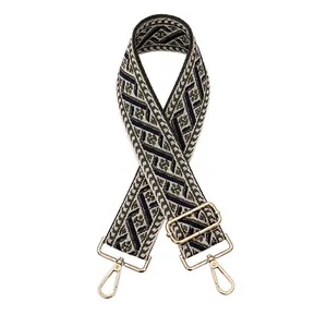 Detail view of ethnic geometric jacquard strap with gold-tone metal hooks and slider